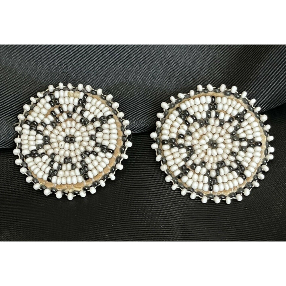 White and Black Beaded Round Earrings